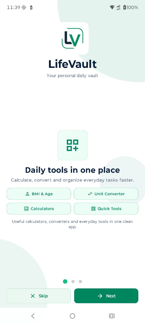 LifeVault onboarding daily tools screen