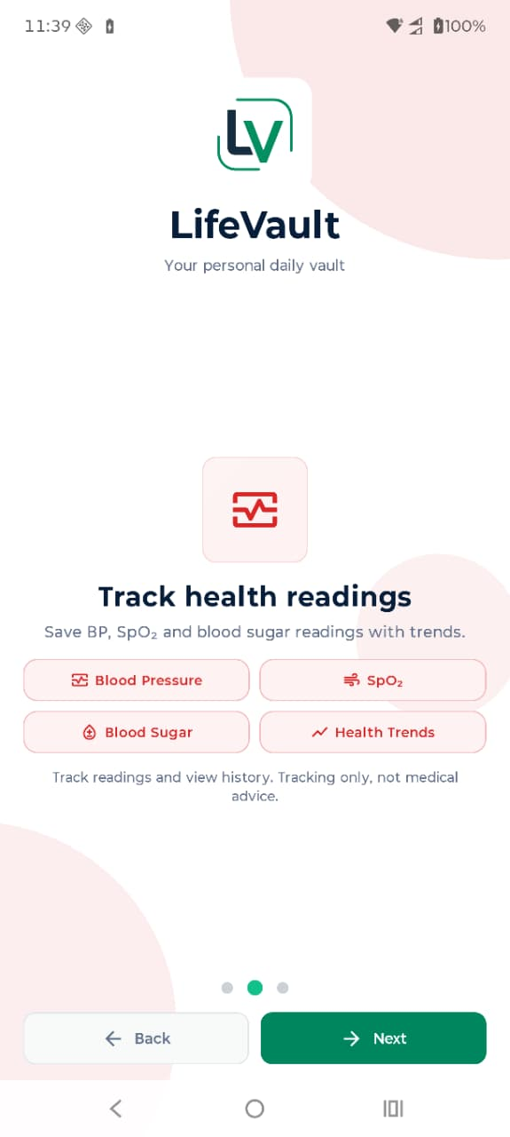 LifeVault onboarding health readings screen