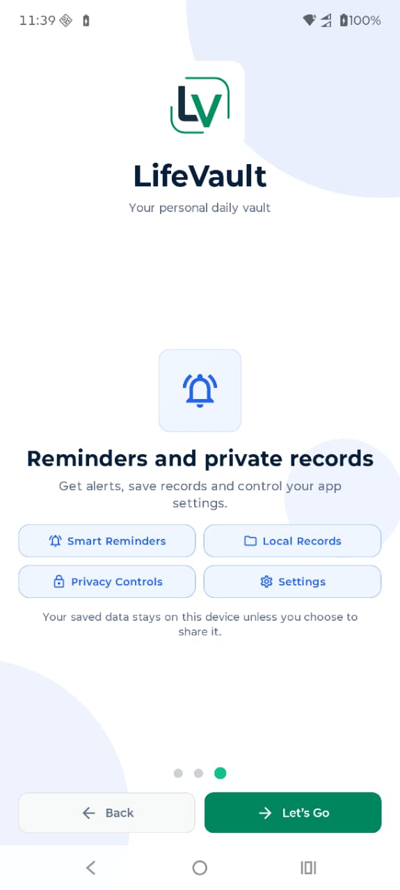 LifeVault onboarding reminders and private records screen