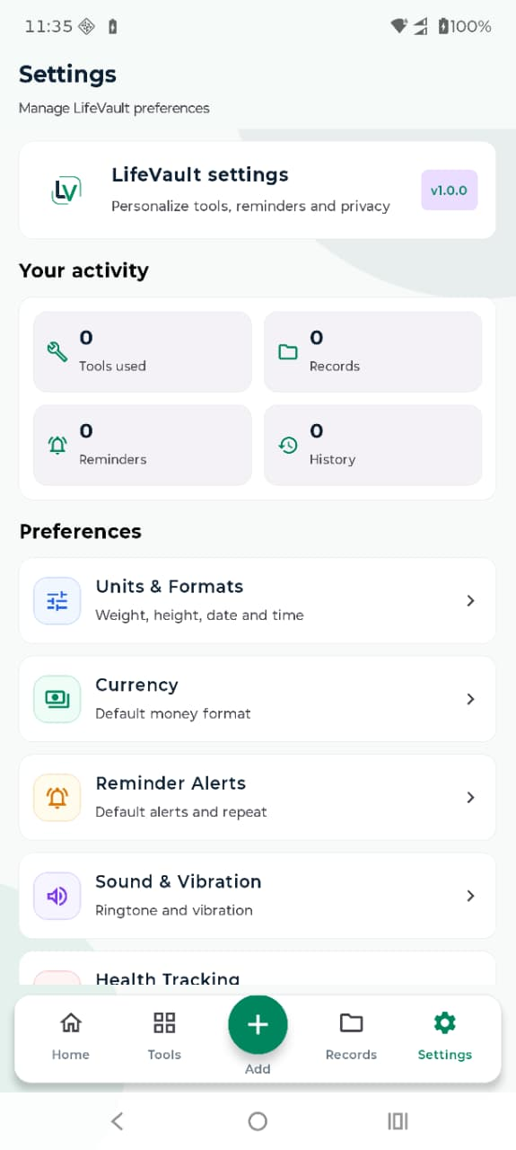 LifeVault settings screen