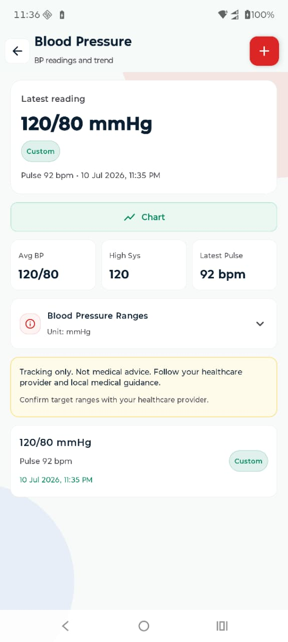 LifeVault blood pressure readings screen