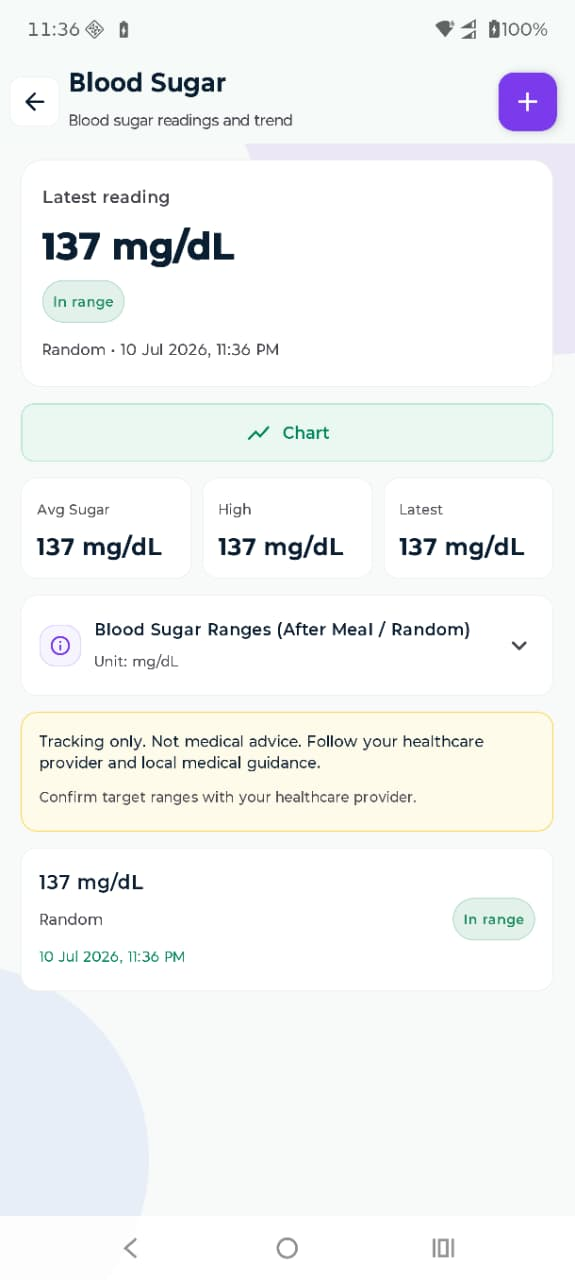LifeVault blood sugar readings screen