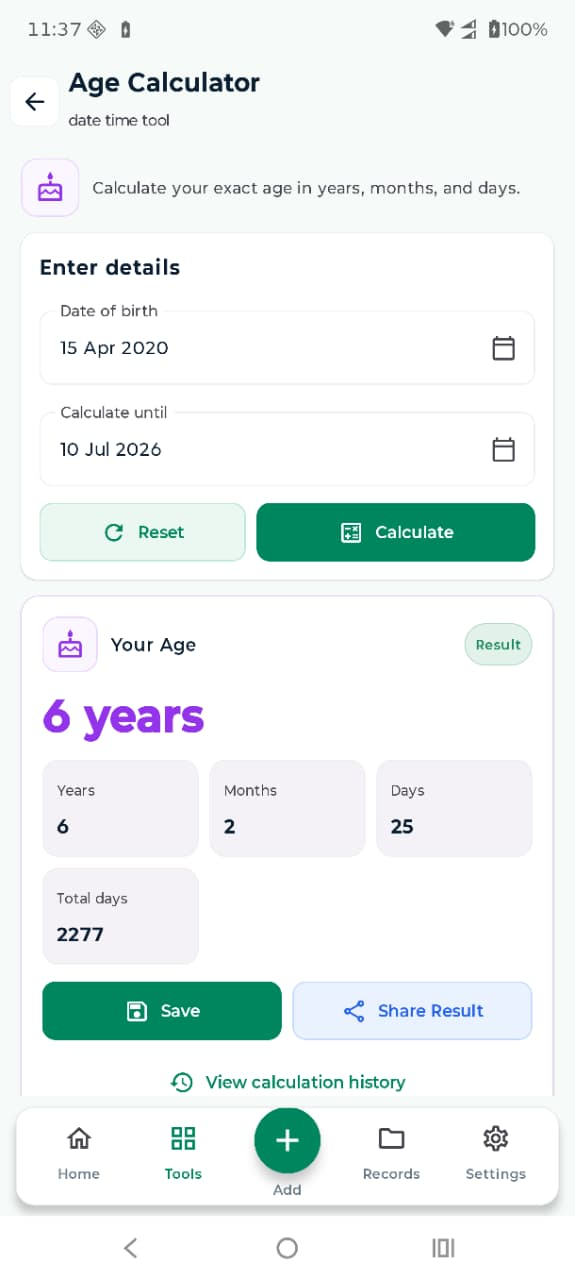 LifeVault age calculator screen