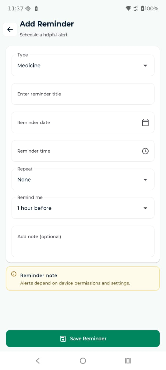LifeVault add reminder screen